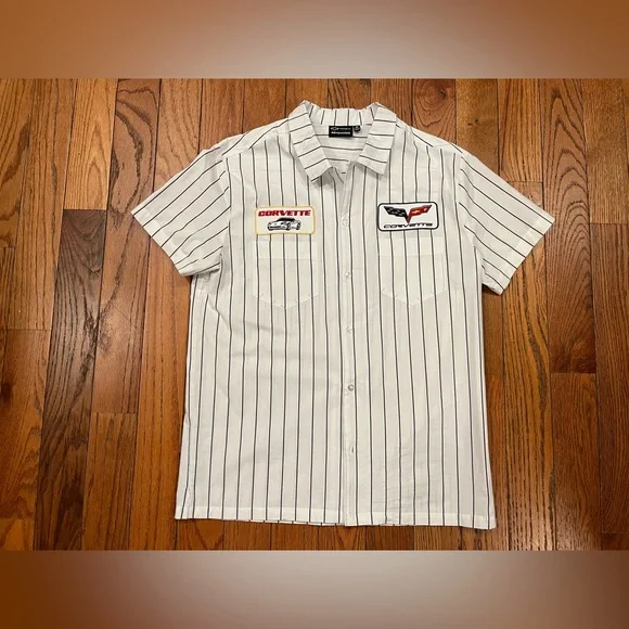 Aeropostale Chevrolet Corvette Mechanic Striped Collar Shirt Mens Medium Button - Picture 2 of 10